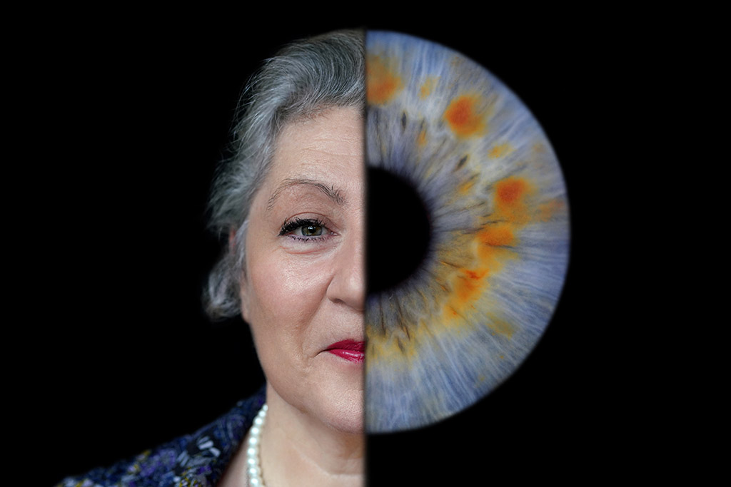 portrait of a woman split with photo of her iris