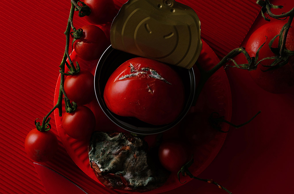 red still life with tomatoes and one large tomato going mouldy photo from photology exhibition