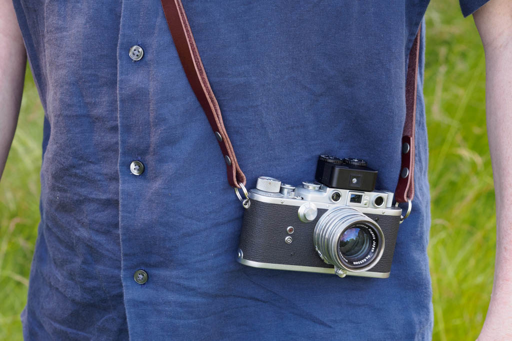 Bowman Peak Duo in use as cross-body strap with Nicca III film camera 