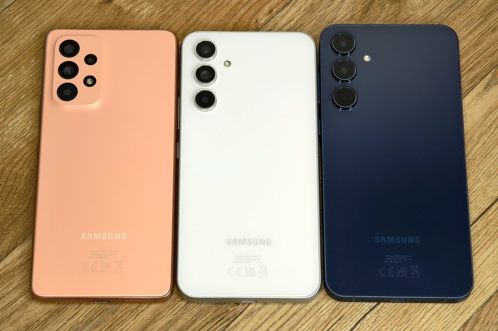 Samsung Galaxy A53 (left), A54 (middle), and A55 (right. Photo JW/AP