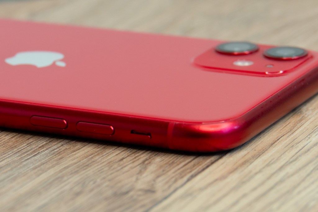 iPhone 11 in red, buttons and side switch. Photo Jeremy Waller