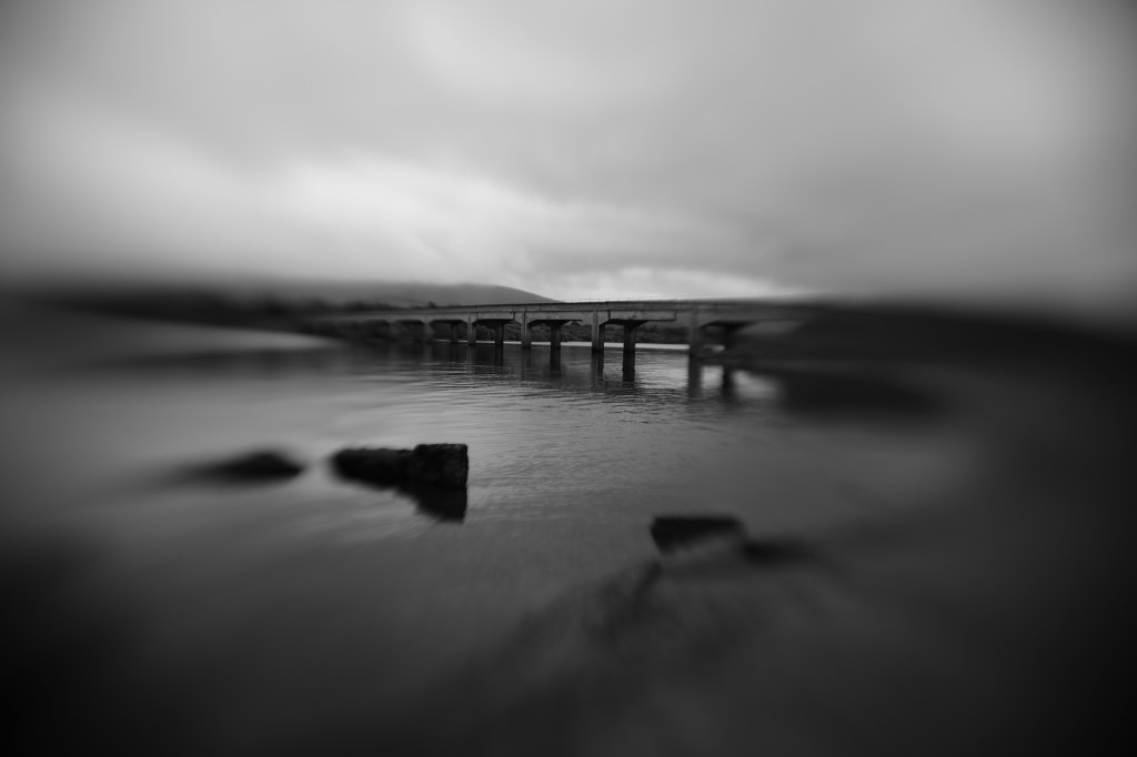 Lensbaby Sweet 22 lens sample image black and white landscape with a bridge