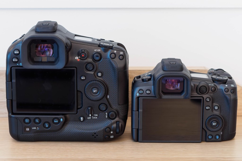 Canon EOS R1 and EOS R5 Mark II back views