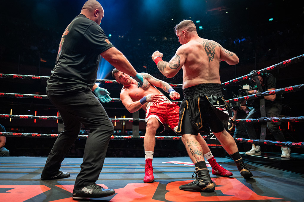 Fighter Carl Hobley lands a devastating blow on CJ Mills in November 2023. Image: Nick Ledger part of uk winning eisa maestro portfolio