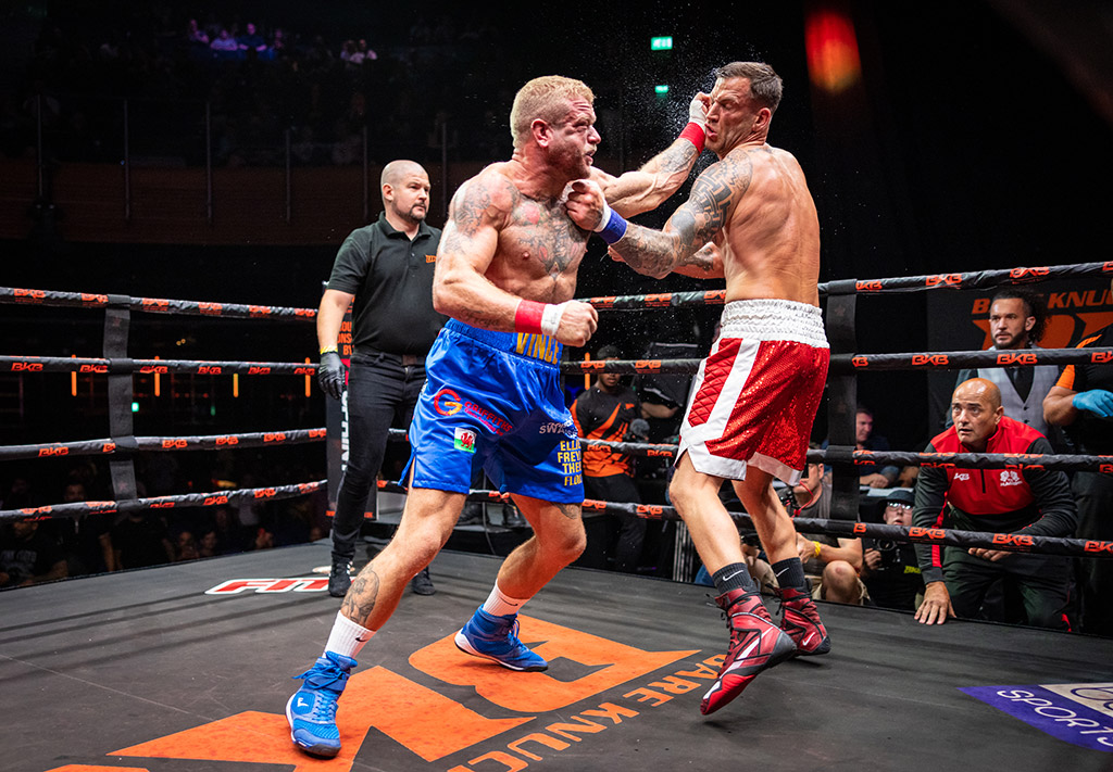 Bare knuckle boxers Daniel Lerwell and CJ Mills fight at BKB33 in July 2023. Image: Nick Ledger