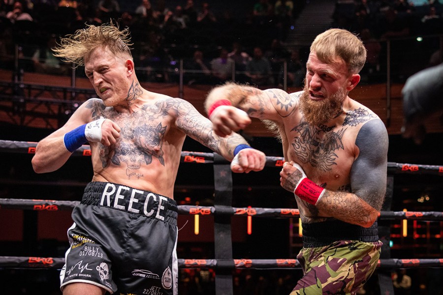 Johnny Lawson lands a right hook on his opponent, Reece Murray, during a fight in May 2023. Image: Nick Ledger part of uk winning eisa maestro portfolio