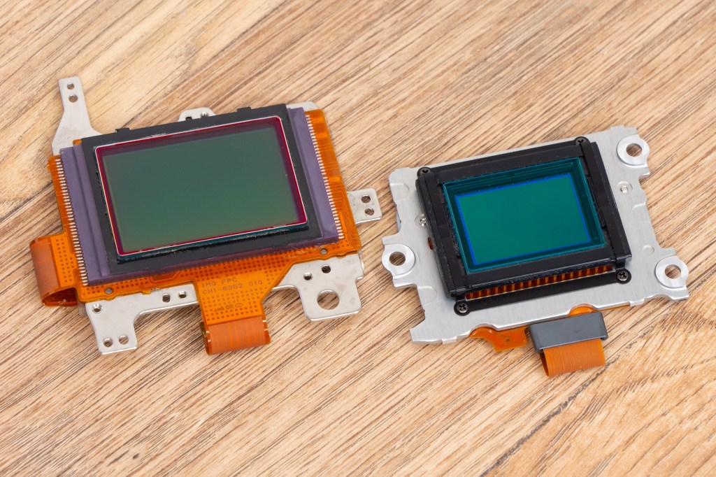 Full-frame 12MP sensor (left), APS-C sensor (Nikon) right. Photo Joshua Waller/AP