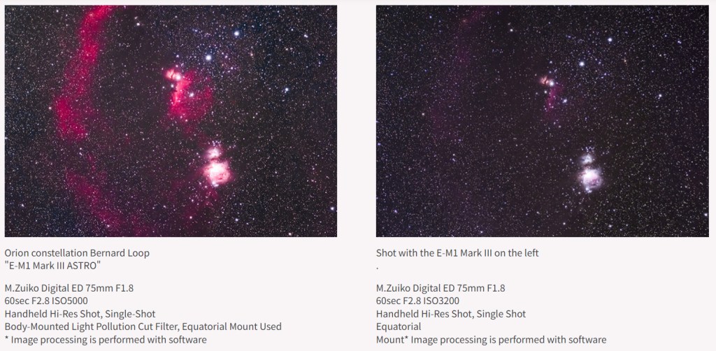 Example images from OM System. OM-D E-M1 III Astro (left) compared to standard E-M1 III.