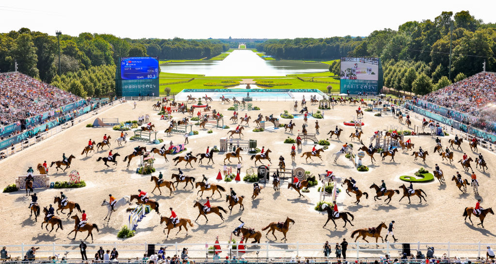 Digital composite image taken by Hector Vivas, general view of the Jumping Individual Final on day eleven of the Olympic Games Paris 2024 at Chateau de Versailles