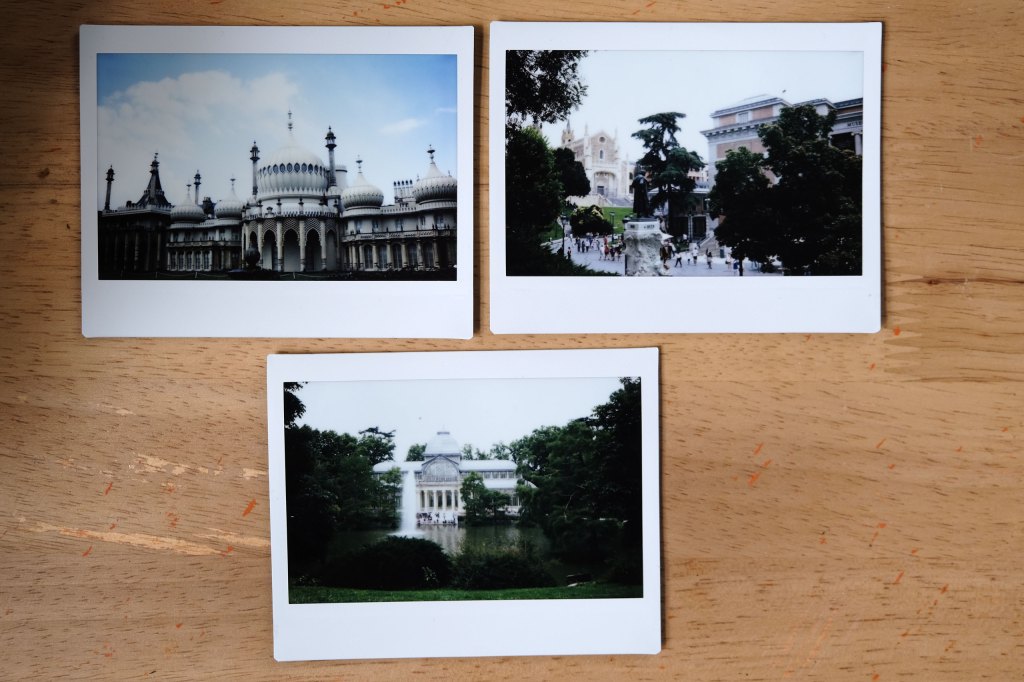 Photos of buildings taken with the Instax Wide 400, including the Brighton Royal Pavilion and Palacio de Cristal in Madrid