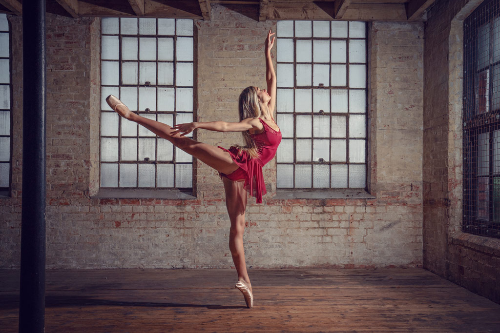 portrait focal lengths, ballerina in a red tutu, studio portrait