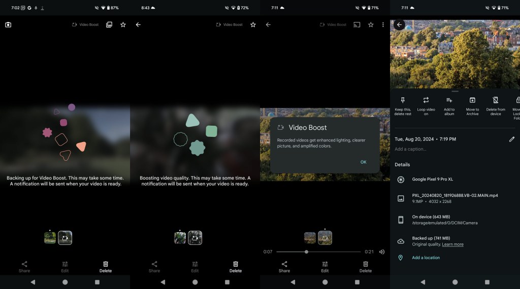 Google Pixel 9 Pro Video Boost feature, screenshots. JW