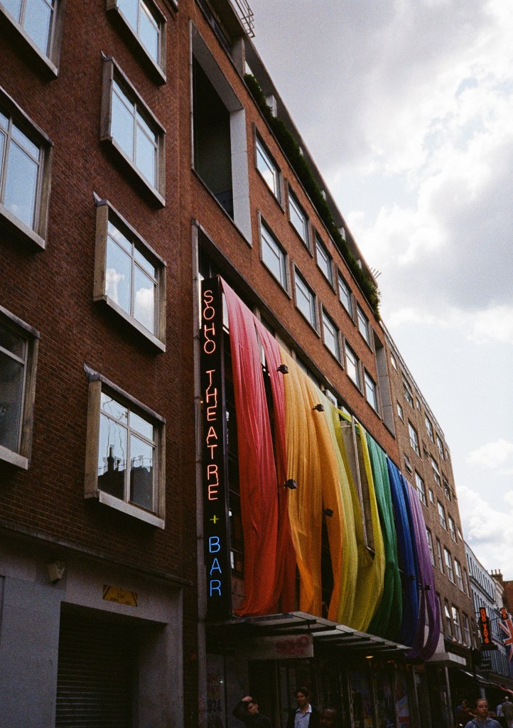 Soho theatre exterior with pride flags