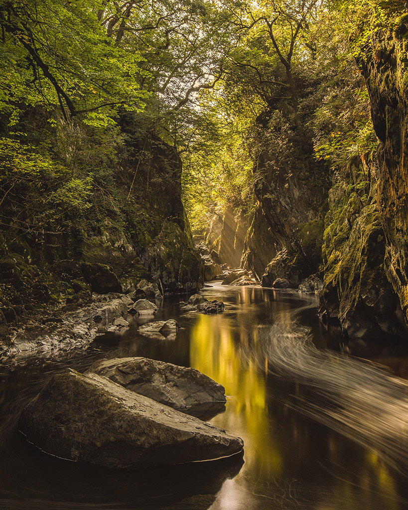 Fairy Glen in north Wales, water flowing through lush, green surroundings