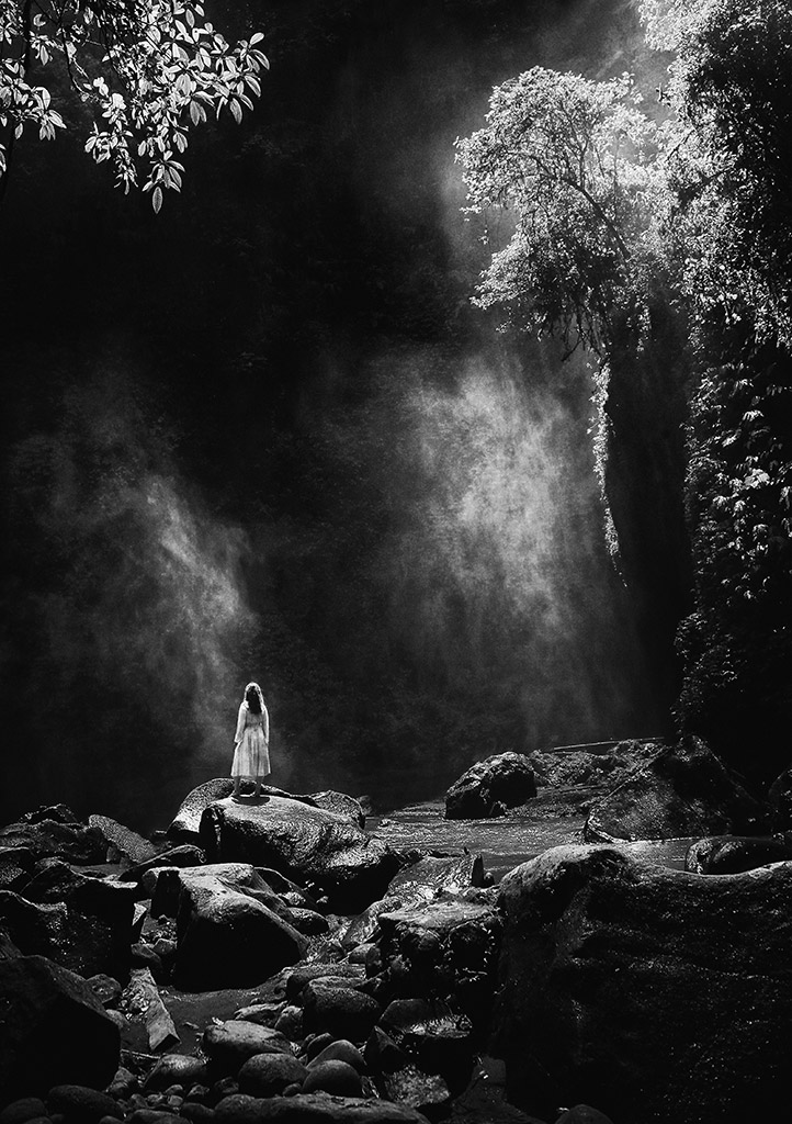 person standing in middle of black and white landscape