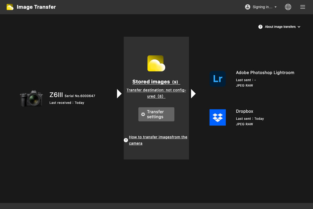 Nikon Imaging Cloud Image transfer screen