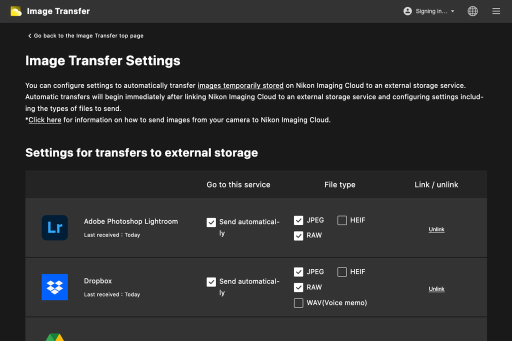 Nikon Imaging Cloud auto-transfer settings