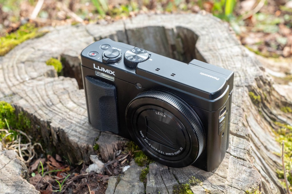 The Panasonic TZ95, sitting on a log. 