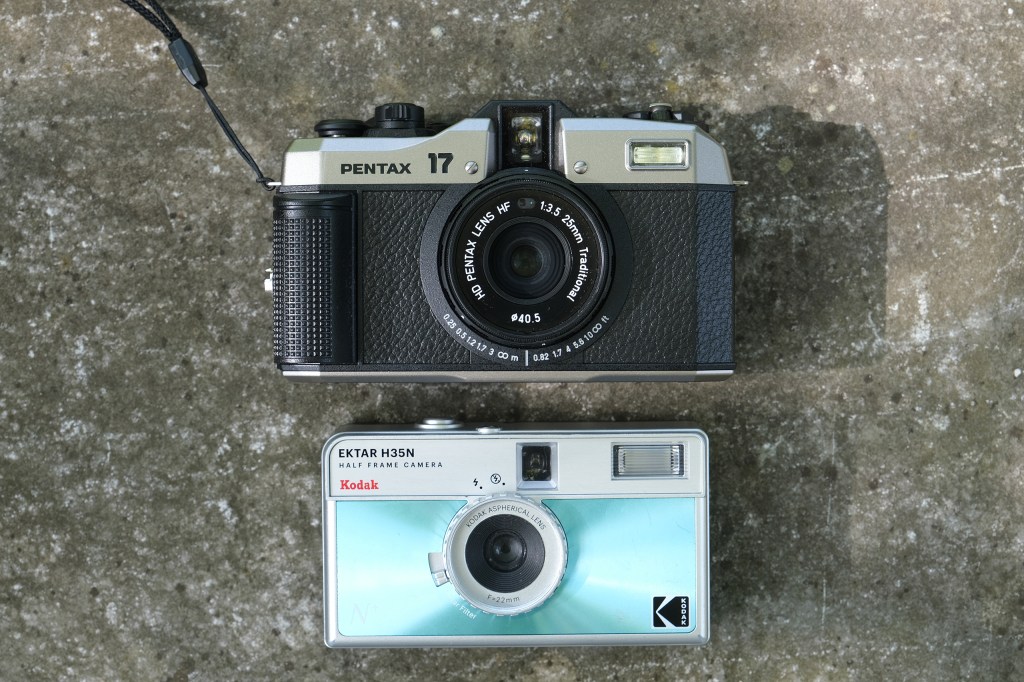 Pentax 17 camera and kodak half frame camera side by side