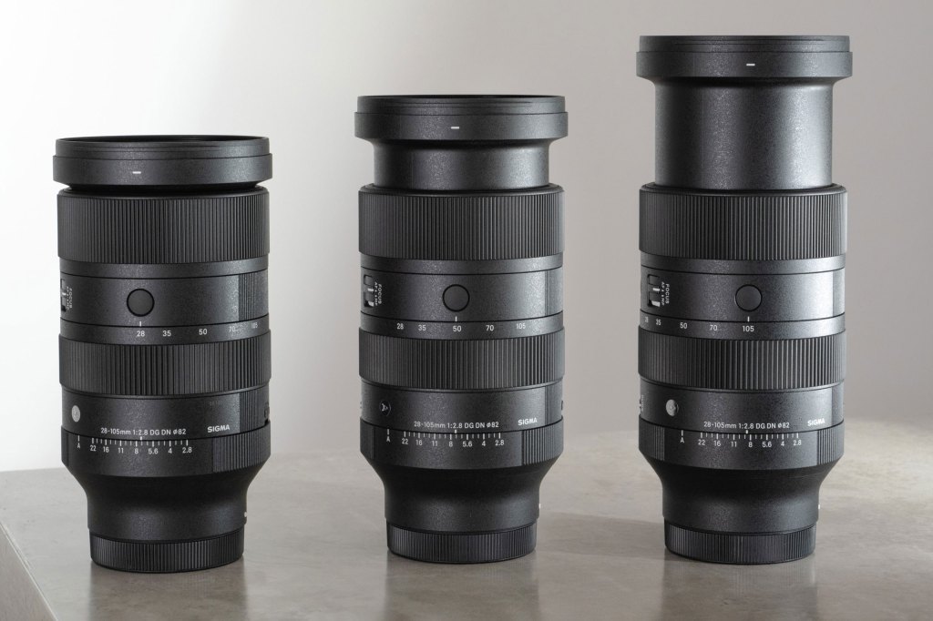 Sigma 28-105mm F2.8 DG DN Art at 28mm, 50mm, and 105mm