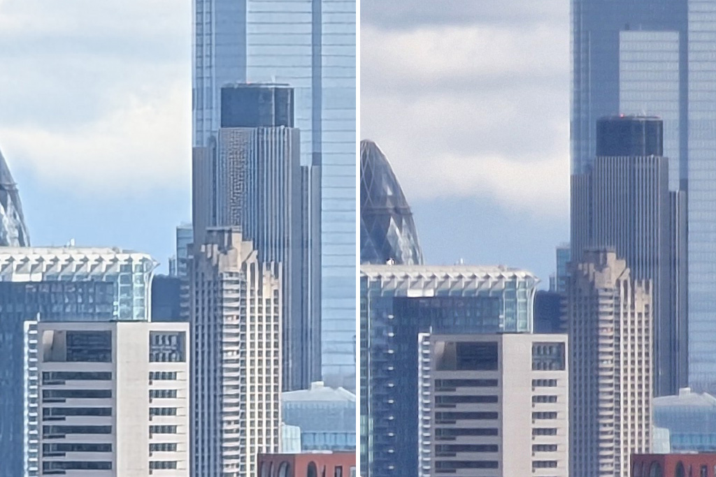 Google Pixel 9 Pro XL (left) and Samsung Galaxy S22 Ultra (right). Zooming into the middle of the shot, we can see the Pixel 9 Pro XL (left) has struggled with the detail in the middle building, giving us false detail and artefacts.