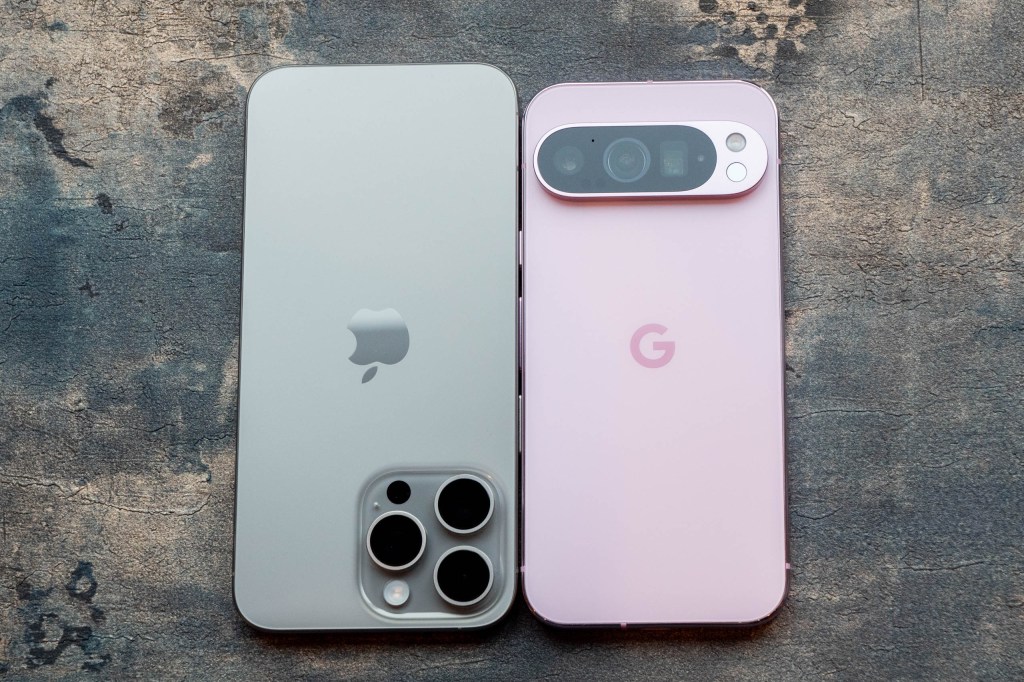 The iPhone 15 Pro Max next to the Google Pixel 9 Pro