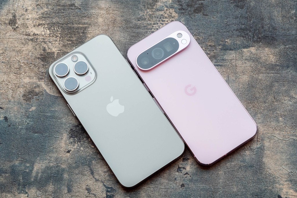 The iPhone 15 Pro Max next to the Google Pixel 9 Pro