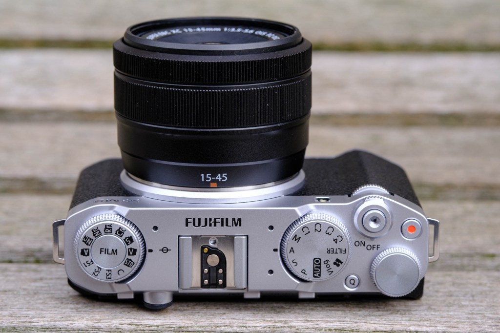 Fujifilm X-M5 top controls and 3 microphones