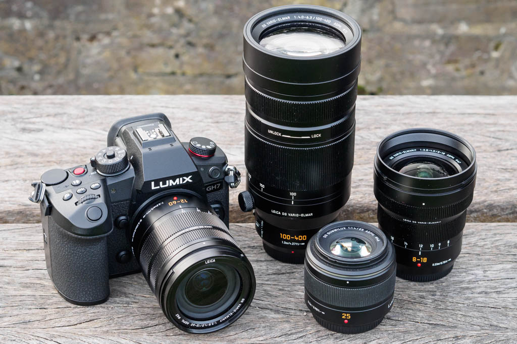 Panasonic GH7 with 8-18mm, 12-60mm, 100-400mm and 25mm f/1.4 lenses