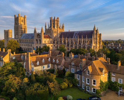 sunrise image of ely cathedral from a drone