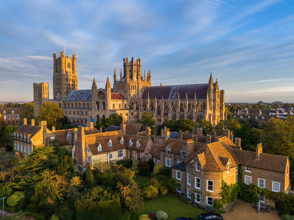 drone photo of ely cathedral at sunrise