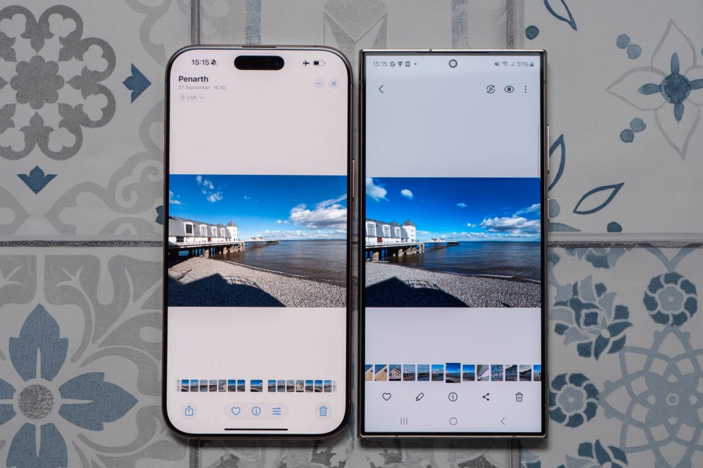 The screens of the iPhone 16 Pro Max and the Samsung Galaxy S24 Ultra, both showing an image