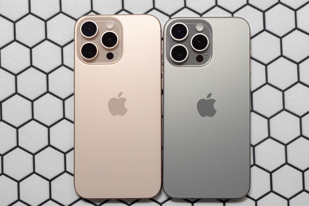 iPhone 16 Pro Max next to the iPhone 15 Pro Max. Image: Amy Davies