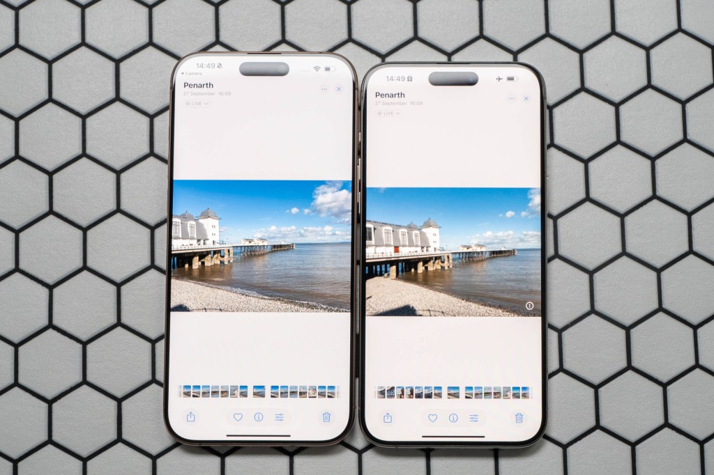 iPhone 16 Pro Max next to the iPhone 15 Pro Max, showing an image displayed. Image: Amy Davies