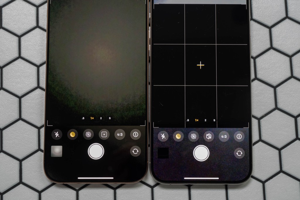 iPhone 16 Pro Max next to the iPhone 15 Pro Max, showing the native camera apps. Image: Amy Davies