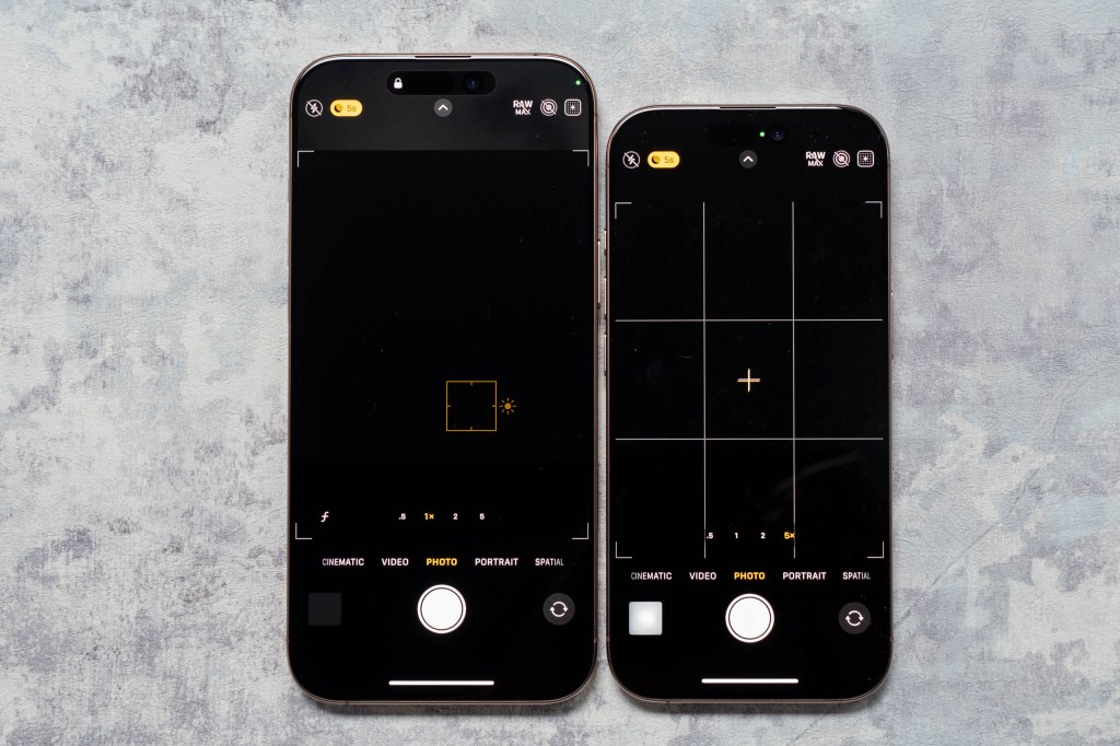 iPhone 16 Pro next to the iPhone 16 Pro Max showing the native camera apps. Image: Amy Davies