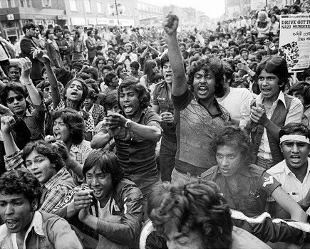 Sit down protest against racism outside police station, Bethnal Green Road, London E2, 17 July 1978 © Paul Trevor