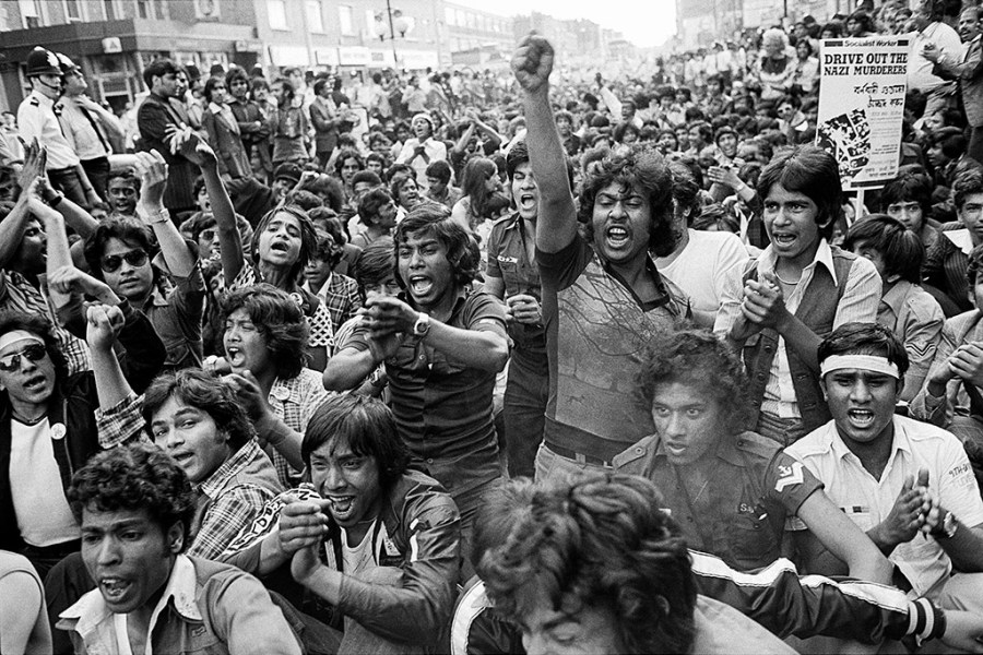 Sit down protest against racism outside police station, Bethnal Green Road, London E2, 17 July 1978 © Paul Trevor