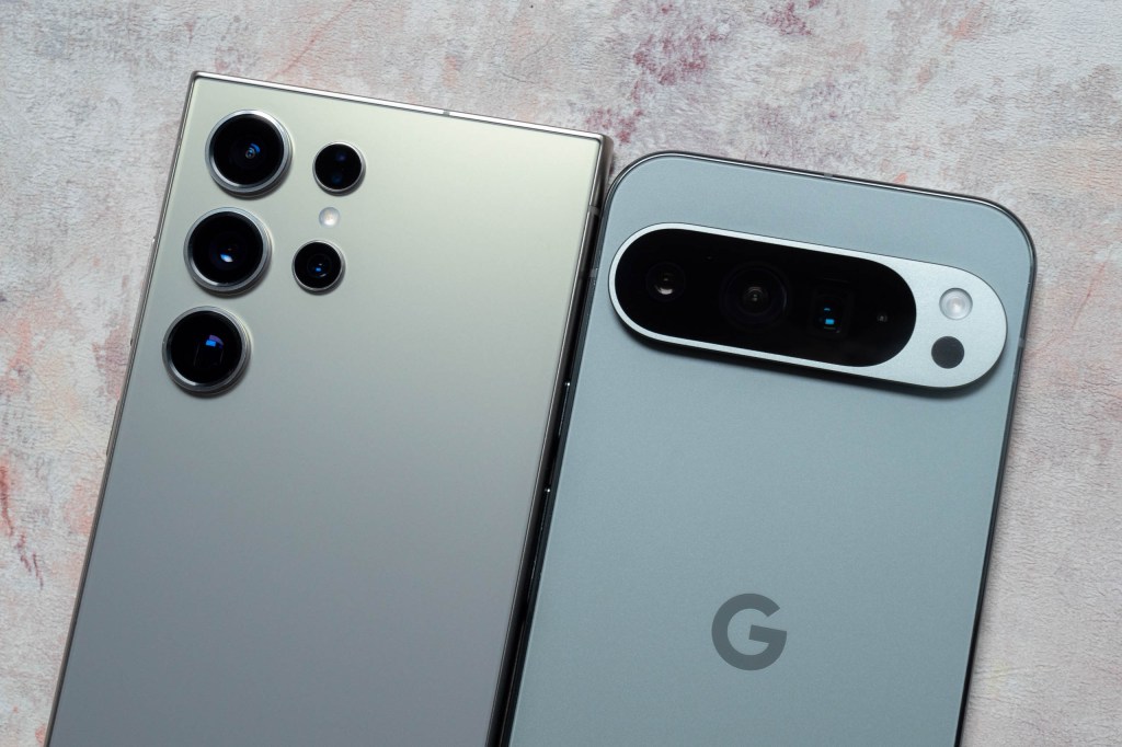 The camera units of the Samsung Galaxy S24 Ultra next to the Google Pixel 9 Pro XL