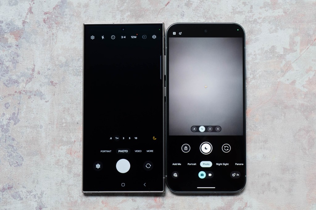 The screens of the Samsung Galaxy S24 Ultra and the Google Pixel 9 Pro XL showing the native camera apps