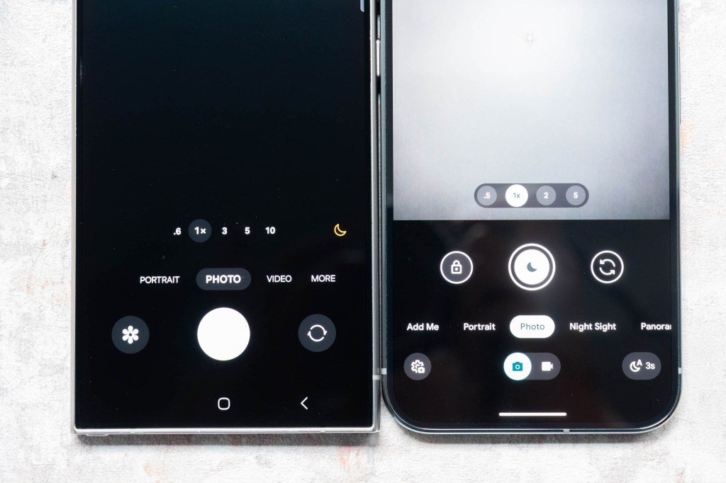 The screens of the Samsung Galaxy S24 Ultra and the Google Pixel 9 Pro XL showing the native camera apps