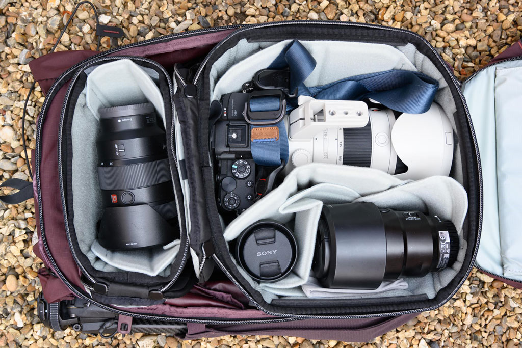 Peak Design Outdoor Backpack 25L interior with camera cubes and kit.