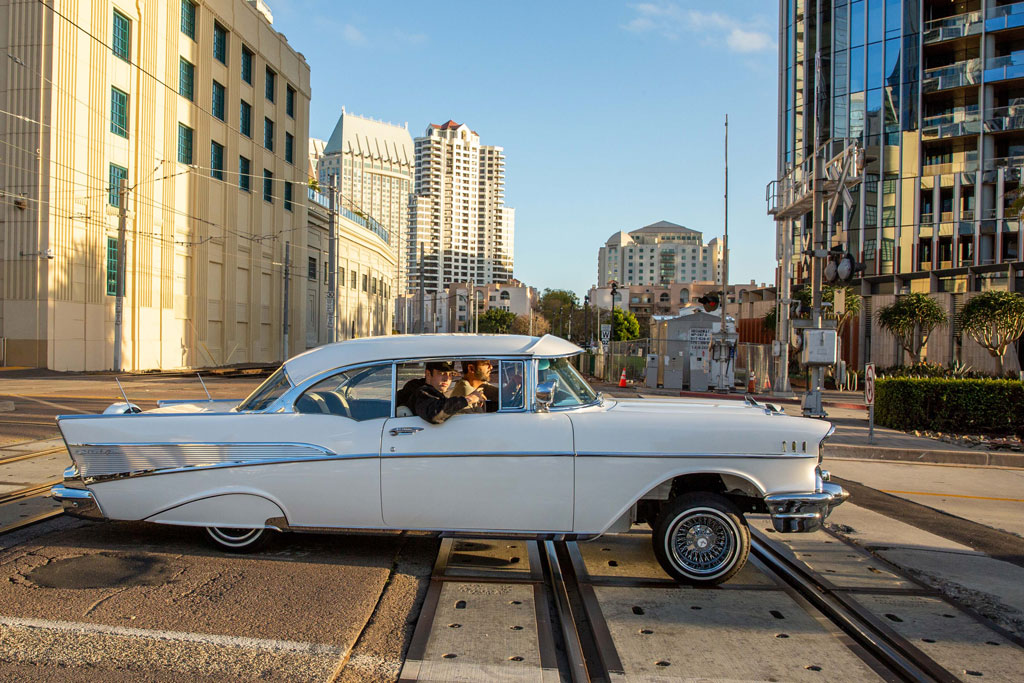 San Diego street with a white low rider car, street photography America