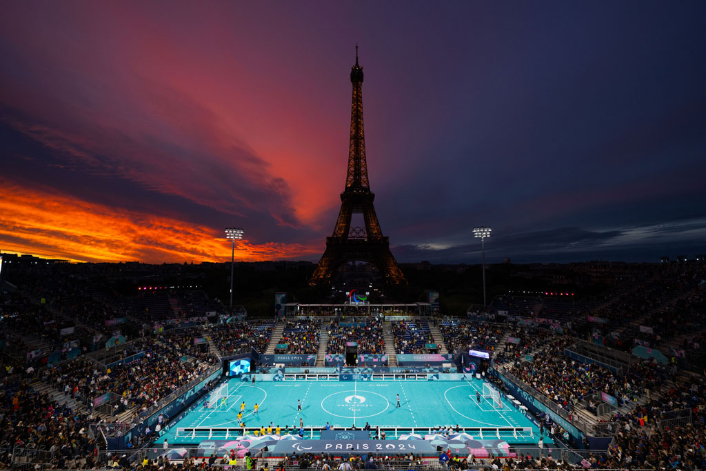 Mandatory Credit: Photo by EMMA WALLSKOG/BILDBYRÅN/Shutterstock (14698646a)
General view of the Eiffel Tower stadium at men's blind football semifinal between Brazil and Argentina during day 8 of the Paris 2024 Paralympic Games on September 5, 2024 in Paris.
Paris 2024 Paralympics, Day 8, Blind football, France - 05 Sep 2024