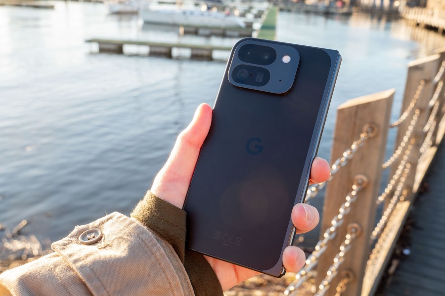 Google Pixel 9 Pro Fold in hand in front of a water landscape