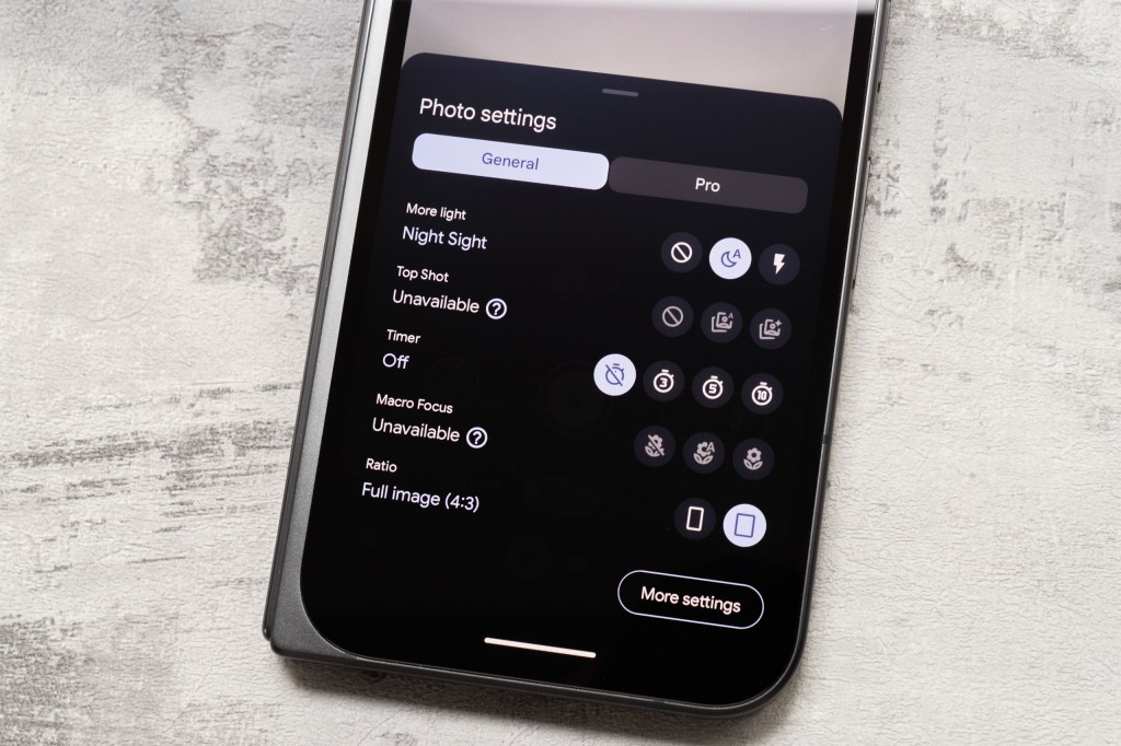 Some of the settings displayed on the Google Pixel 9 Pro Fold's native camera app