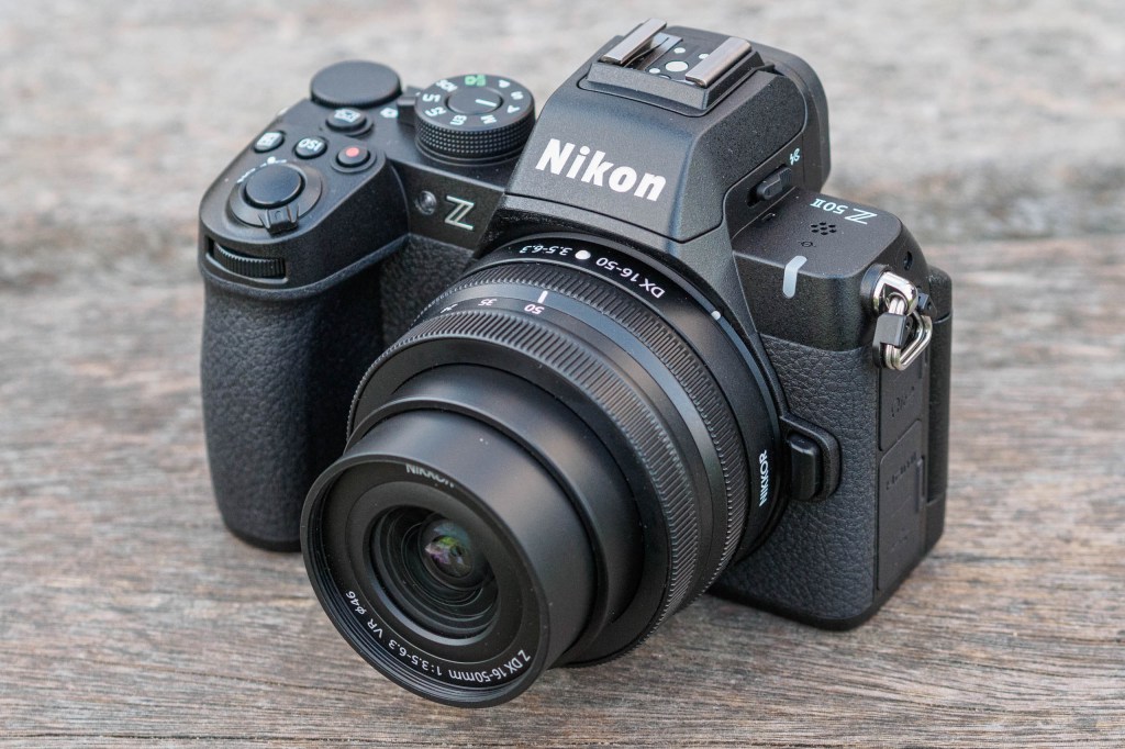 Nikon Z50II with 16-50mm lens, top right view.