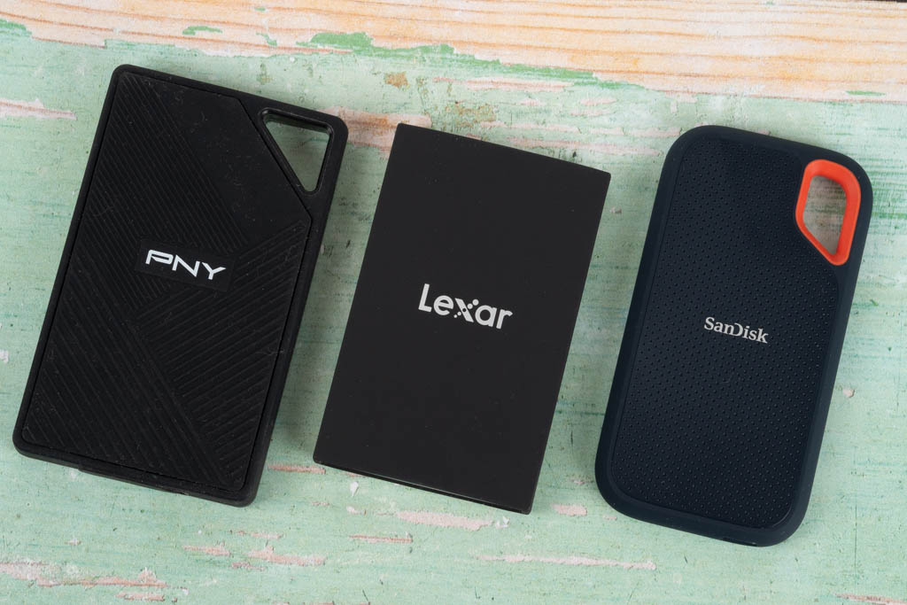 PNY RP60, Lexar Armor 700, and SanDisk Extreme portable USB-C SSDs.