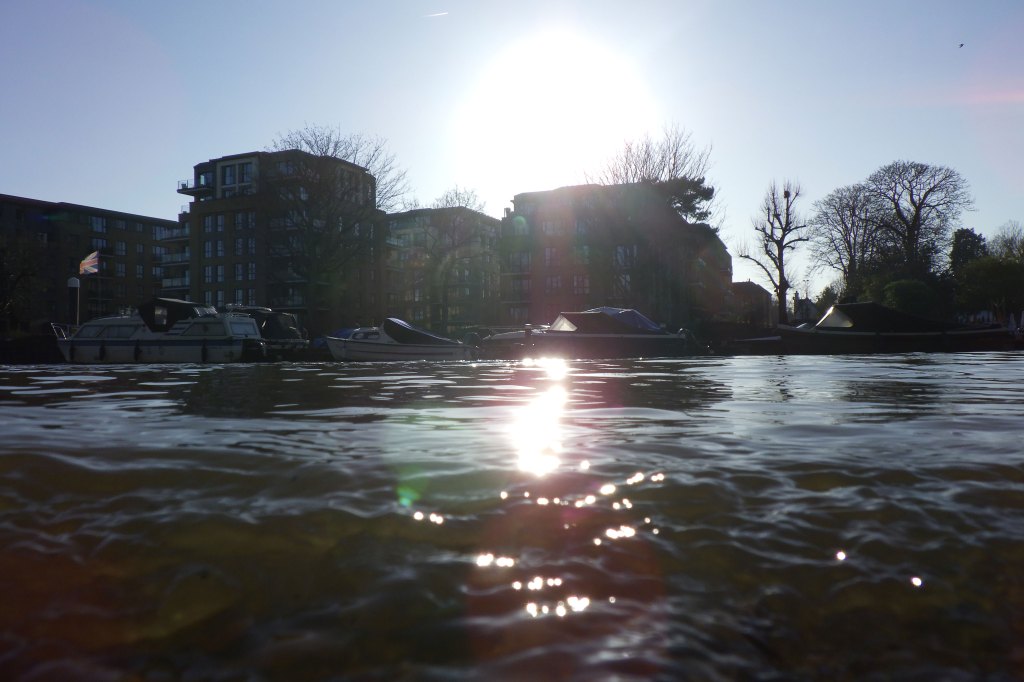 Pentax WG-8 compact camera sample image, high contrast image of riverside houses, shot from a perspective half immersed in water