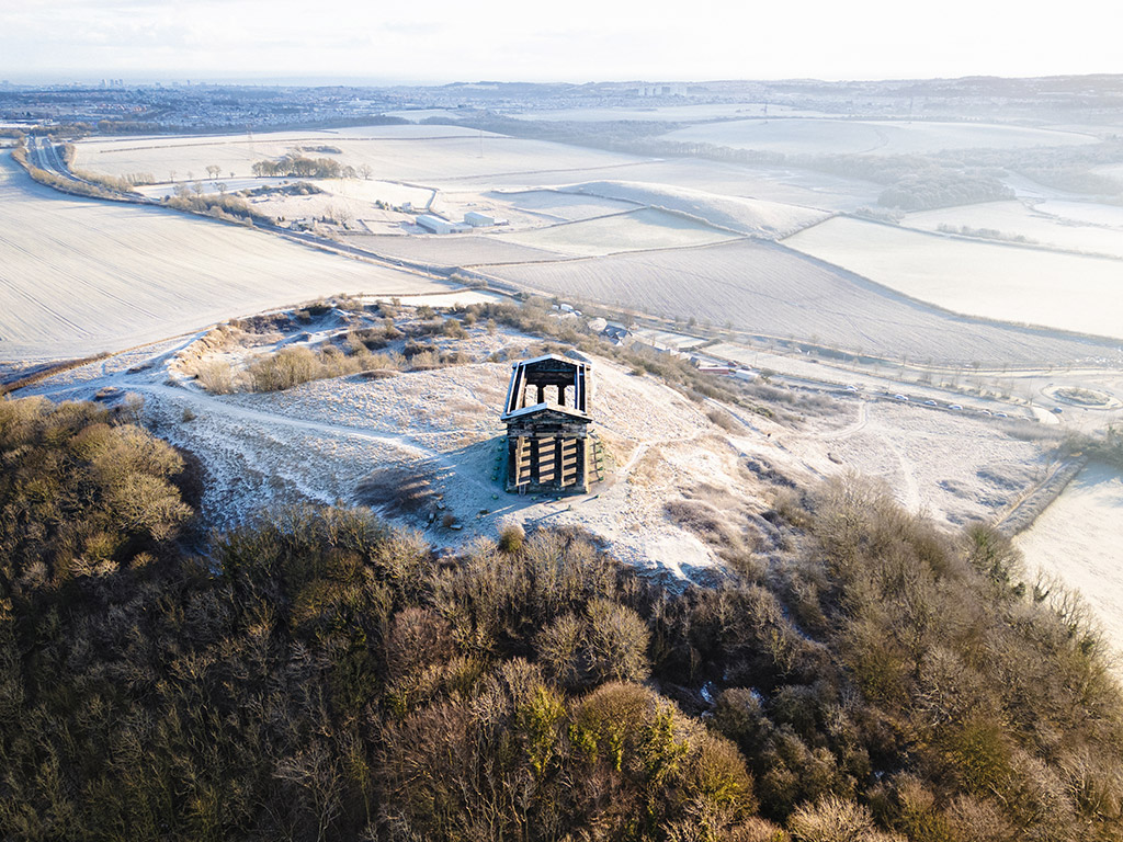 penshaw monument from a drone view on a winter frosty morning